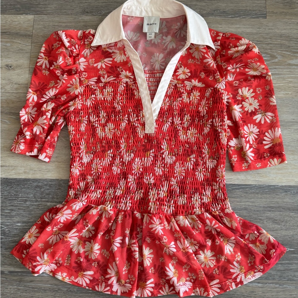 Anthropologie Maeve Red Floral Peplum Top